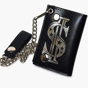 Mens Genuine Leather Chain Trifold Biker Dollar Sign Wallet Card Holder